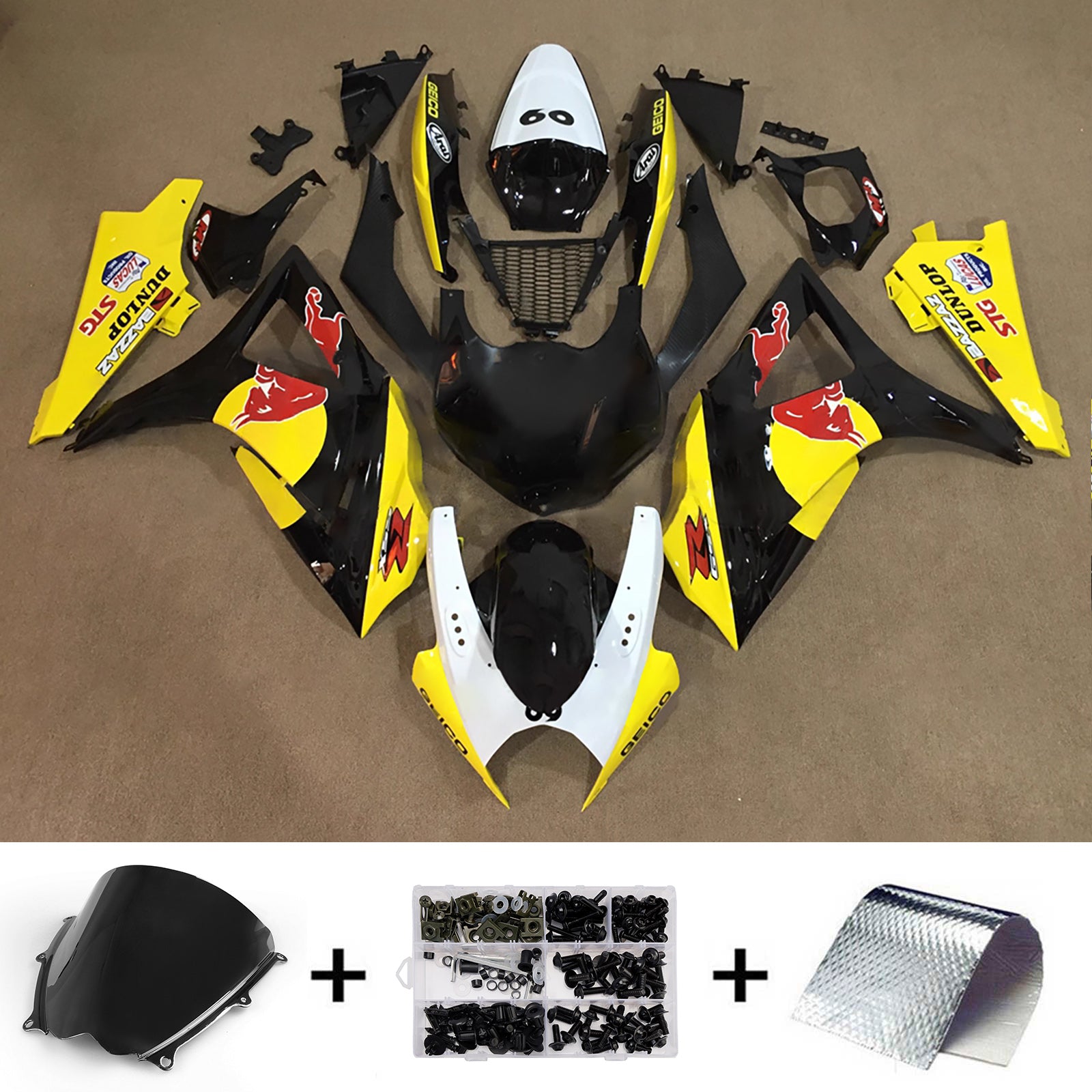 Amotopart 2007-2008 Suzuki GSXR1000 Black Yellow Red Fairing Kit