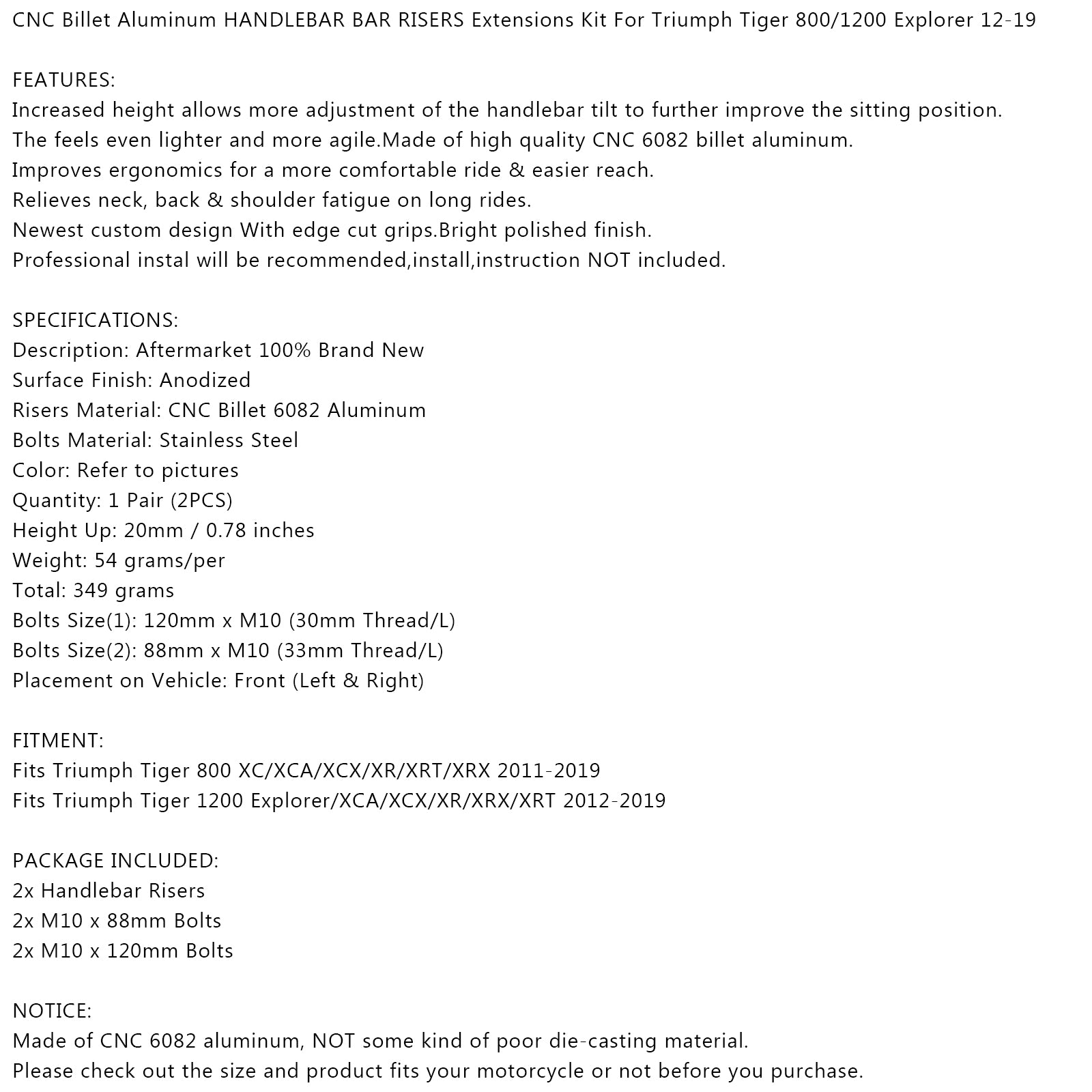 Silberlenker-Bar Risers 20mm Anstieg für Triumph Tiger 800 /1200 Explorer 12-20