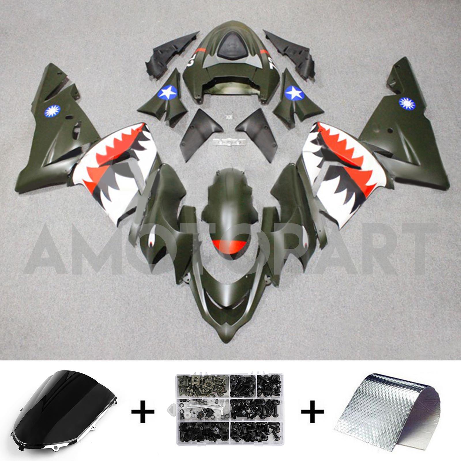 Amotopart 2004-2005 ZX10R Kawasaki Matte Black with Shark Teeth Fairing Kit