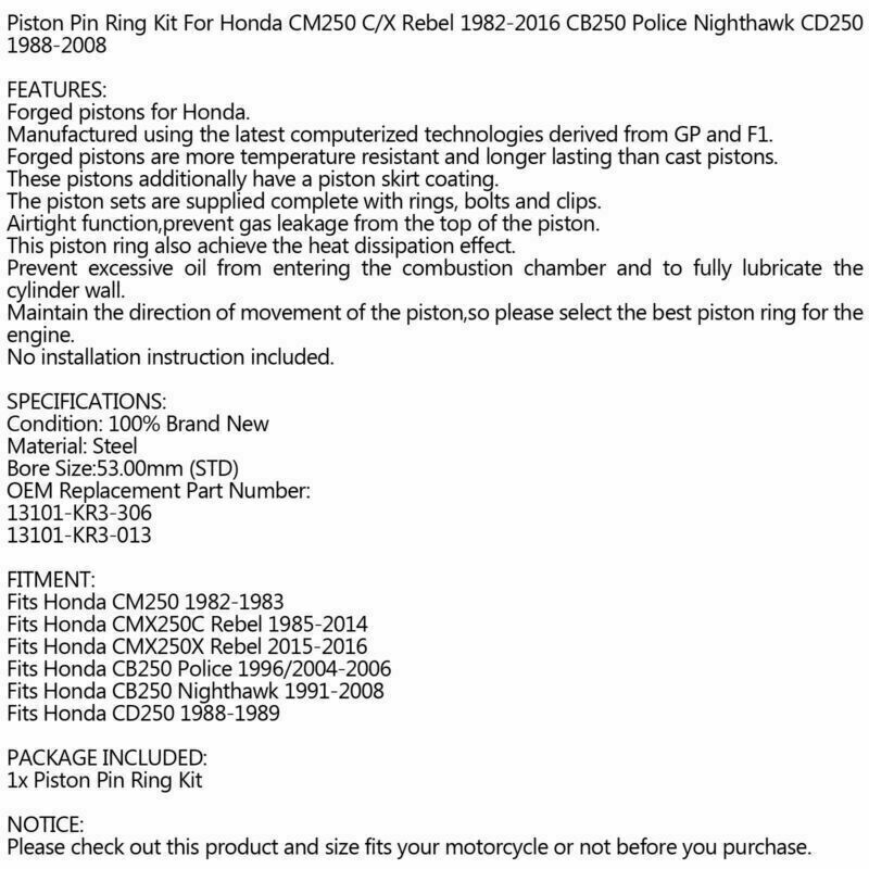 Kit Honda 47mm T4 CA Pistone STD 250 x 53mm CMX Rebel 250 13101-KR3-013 Adatto all'anello