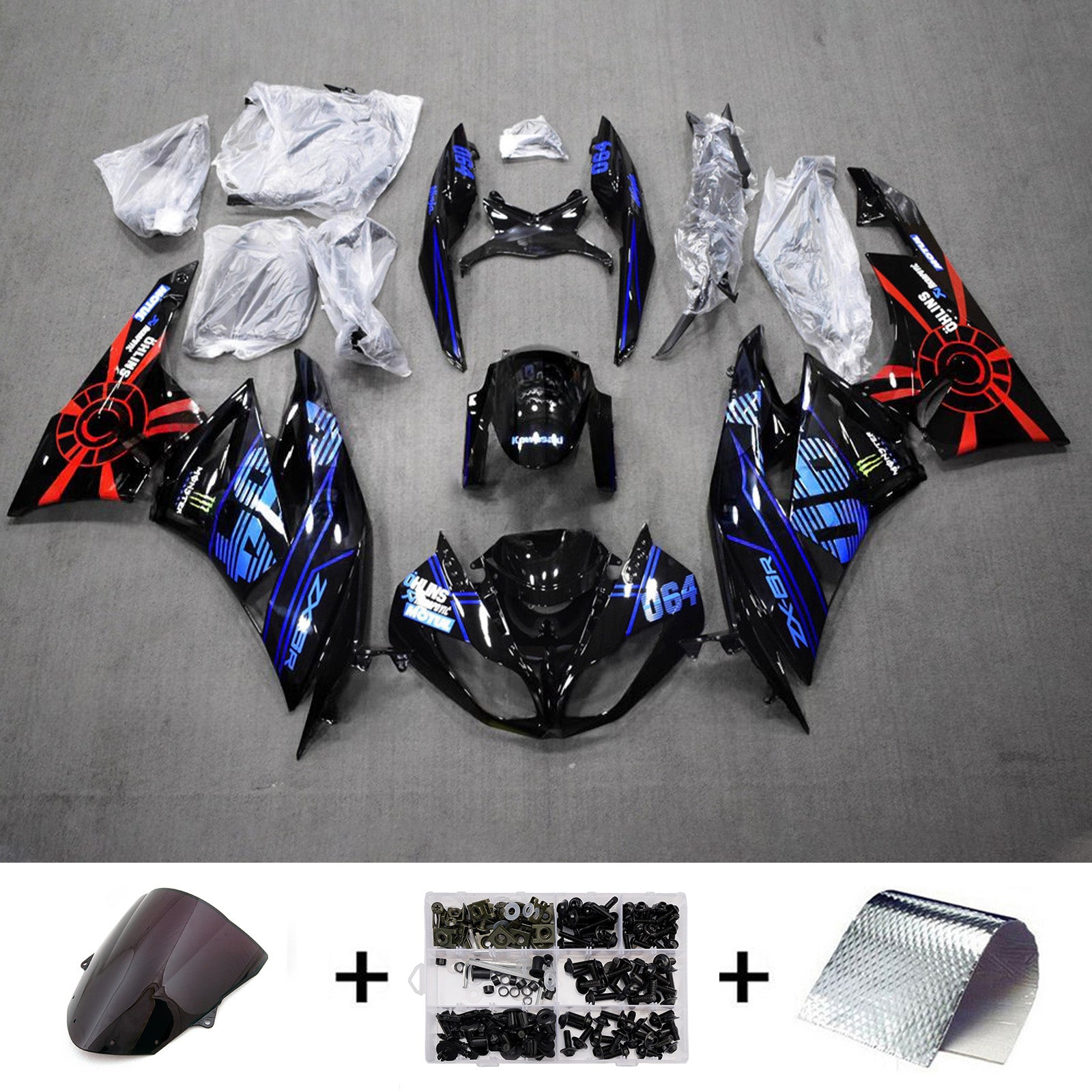 Amotopart 2009-2012 Kawasaki ZX6R 636 Black Blue Red Fairing Kit