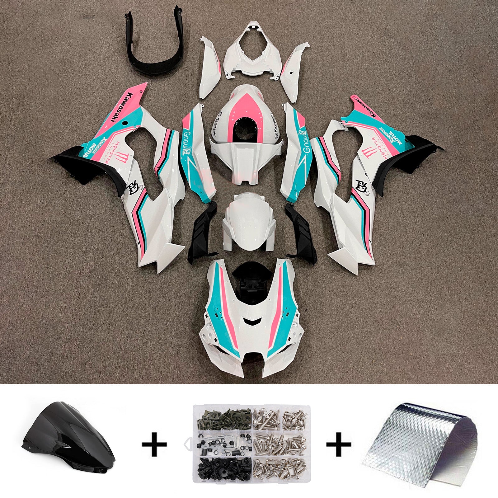 Amotopart 2021-2025 Kawasaki ZX-10R/ZX-10RR White Blue Pink Fairing Kit