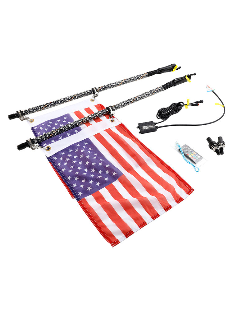 2X 4ft RGB LED APP Whip Lights Antenna W/ Flag Remote Control For Polaris UTV ATV