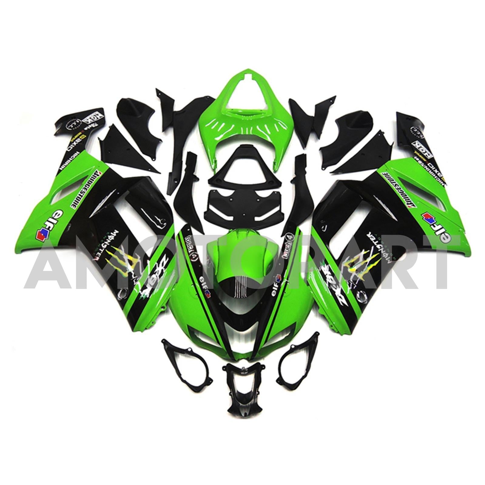 Amotopart 2007-2008 Kawasaki ZX6R 636 Black & Green Failing Kit