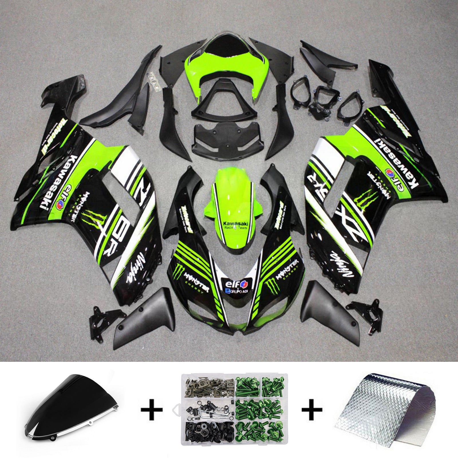 Amotopart 2007-2008 Kawasaki ZX6R 636 Green Black White Fairing Kit