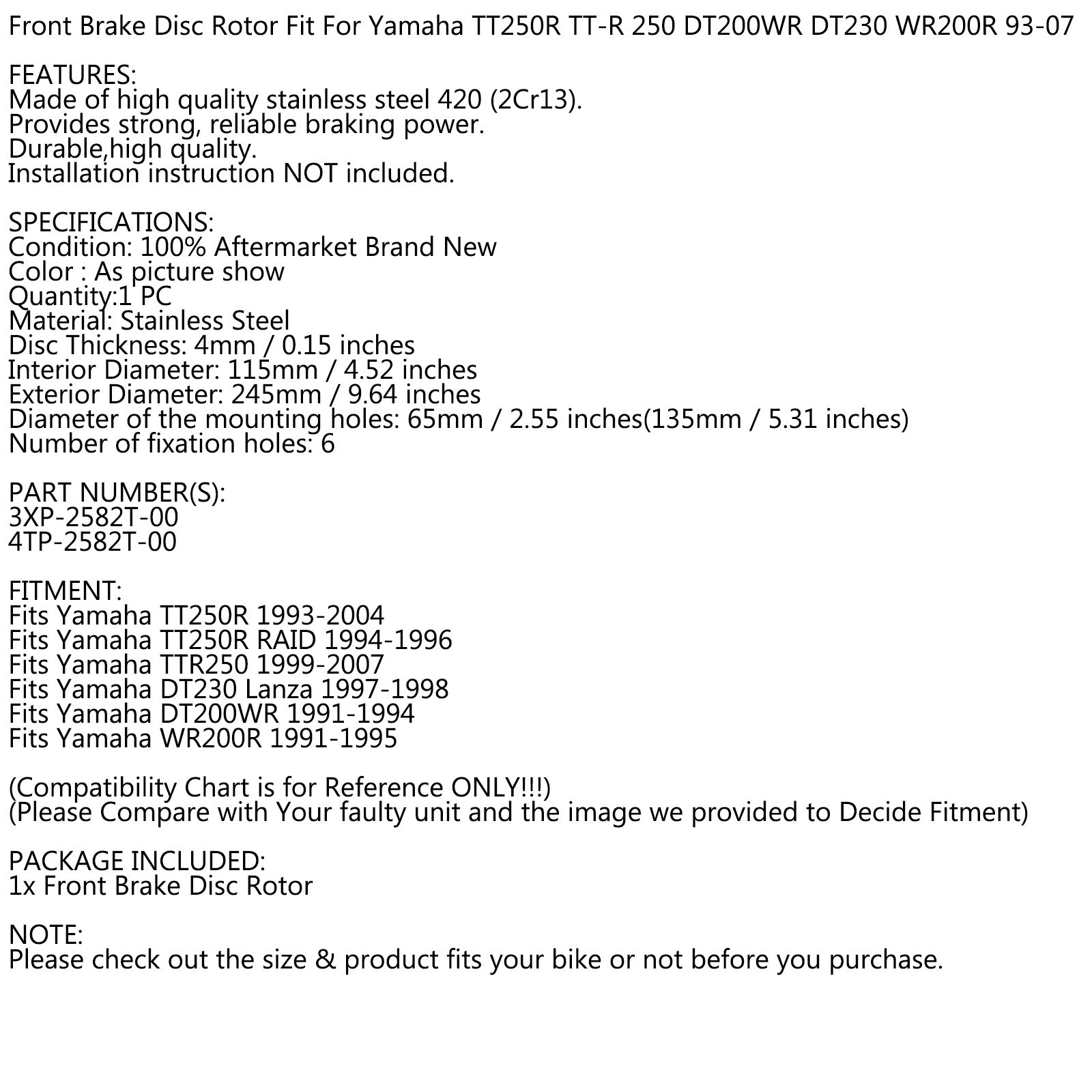 91-07 Yamaha TT250R TTR250 DT230 Lanza DT200WR WR200R Vorderbremsscheibenscheibenrotor