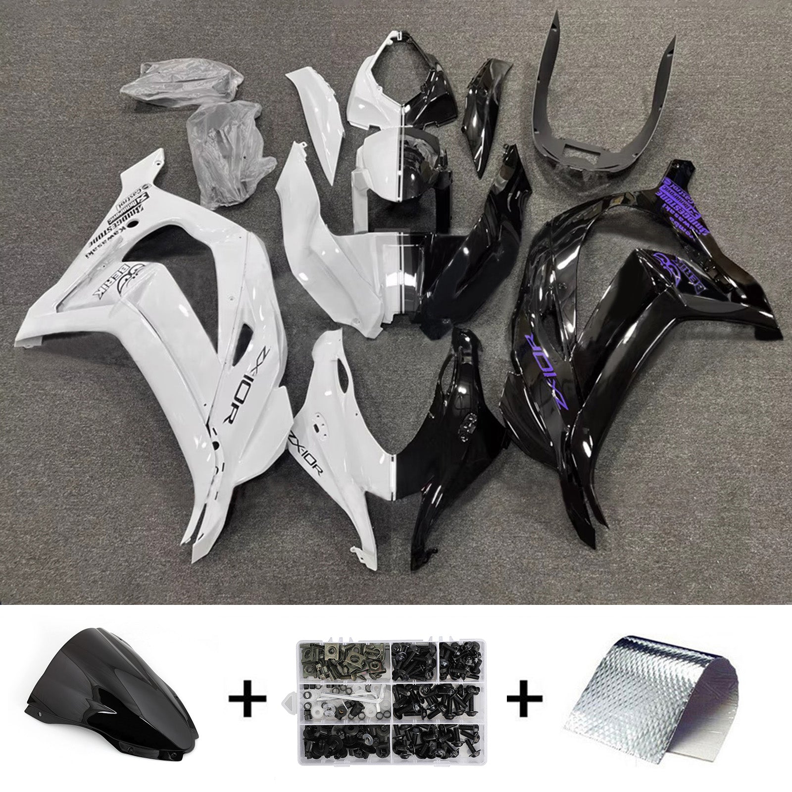 Amotopart 2016-2020 Kawasaki ZX10R Black White Fairing Kit