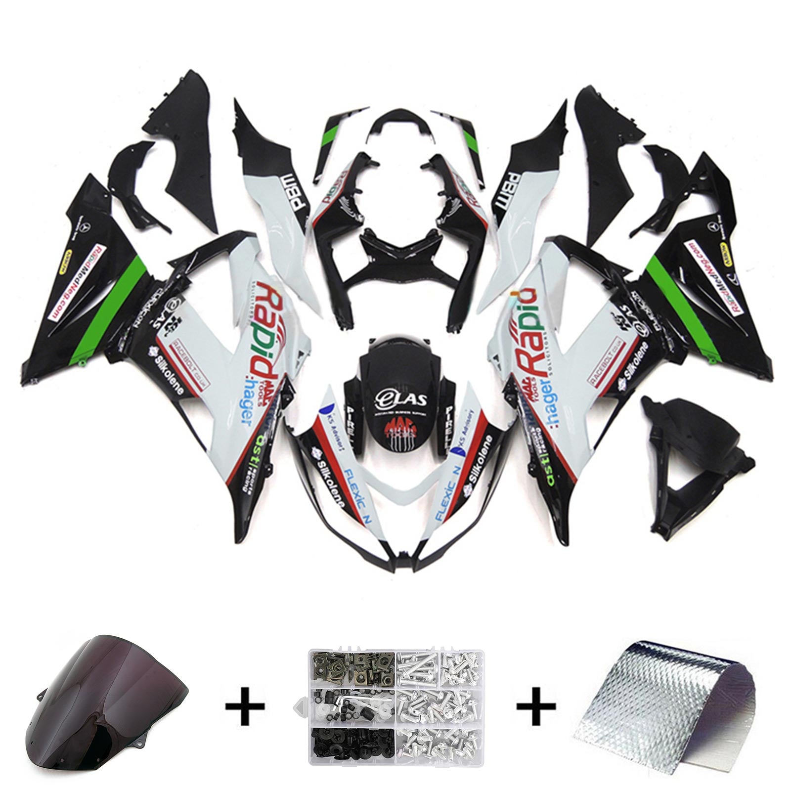 Amotopart Kawasaki ZX6R 636 2013-2018 Bianco&Verde con Kit Carena Logo