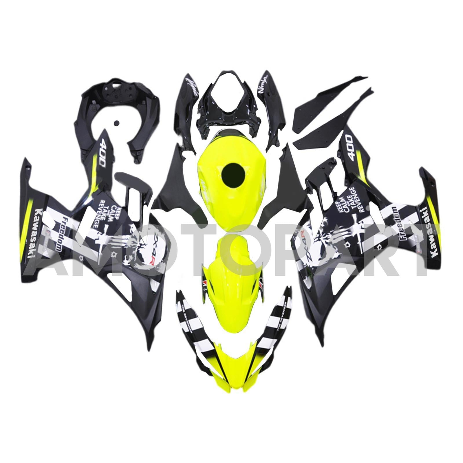 Amotopart 2018-2024 Kawasaki EX400 Ninja400 Gelb&Schwarzes Totenkopf-Verkleidungsset