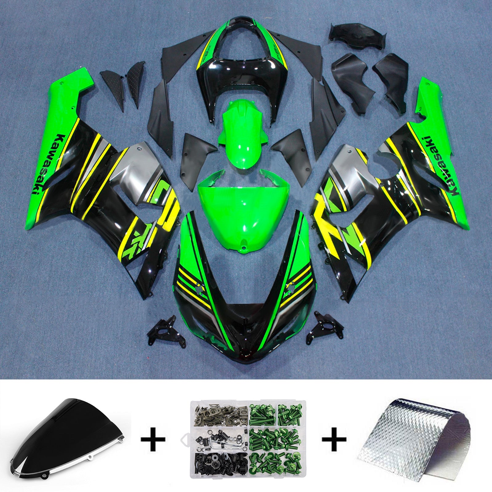 Amotopart 2005-2006 Kawasaki ZX6R 636 Black Green Yellow Fairing Kit