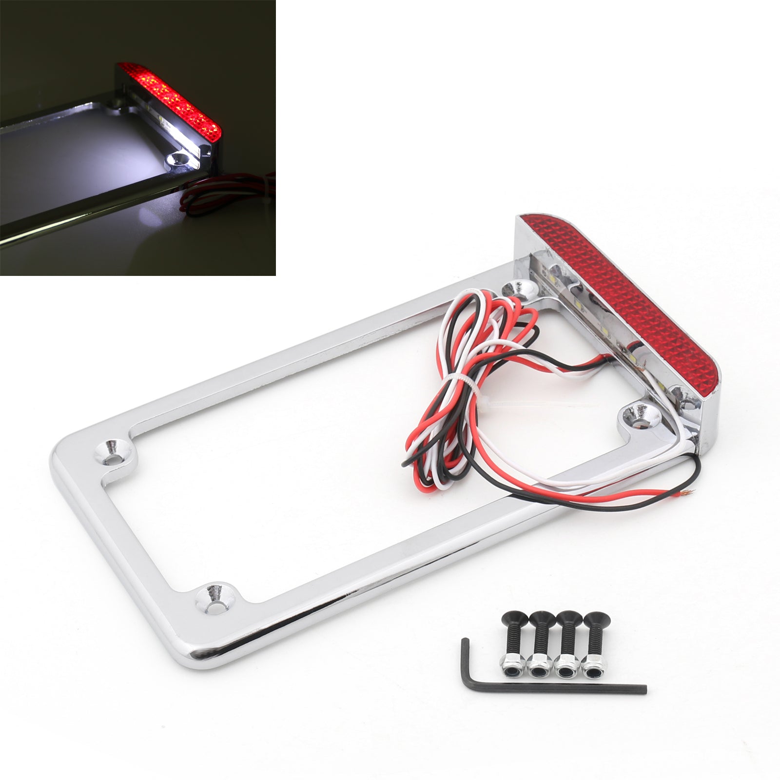 Universele motorfiets 3" LED kentekenplaat frame met LED achterlicht remlicht chroom