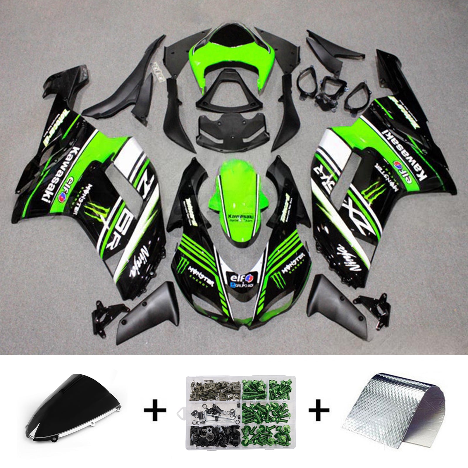 Amotopart 2007-2008 Kawasaki ZX6R 636 Black Green White Fairing Kit