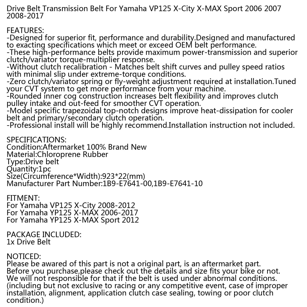 2008-2012 2006-2017 Yamaha X-City VP125 X-Max YP125 / Sport Scooter Drive Belt