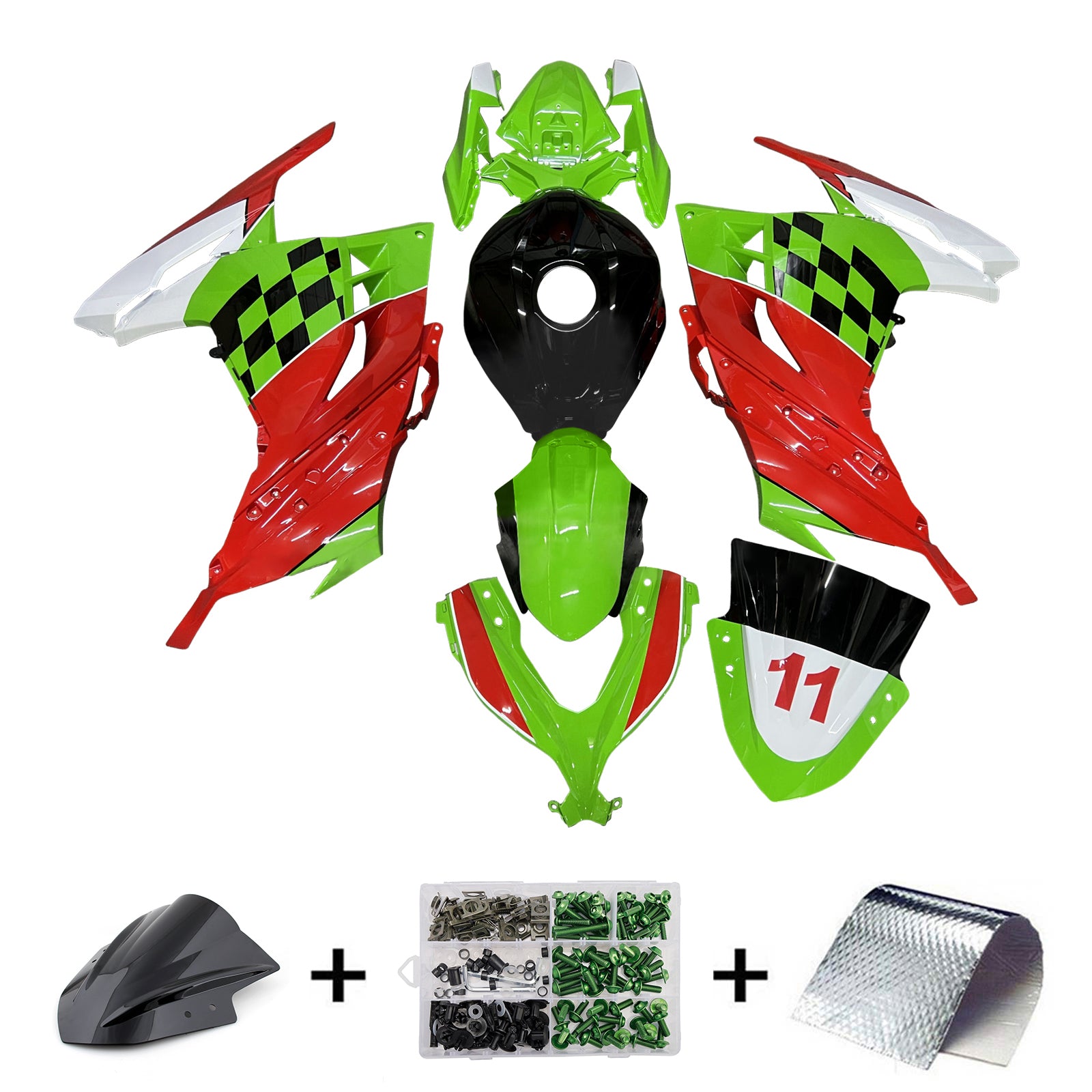 Amotopart 2013-2024 Kawasaki EX300 Ninja300 Green Red Fairing Kit