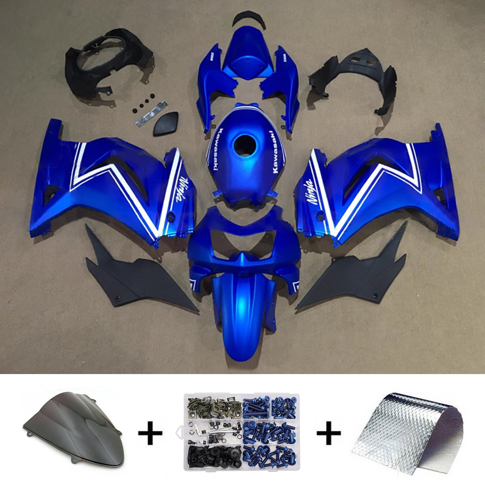 Amotopart 2008-2012 Kawasaki EX250/Ninja250R Blue White Stripe Fairing Kit