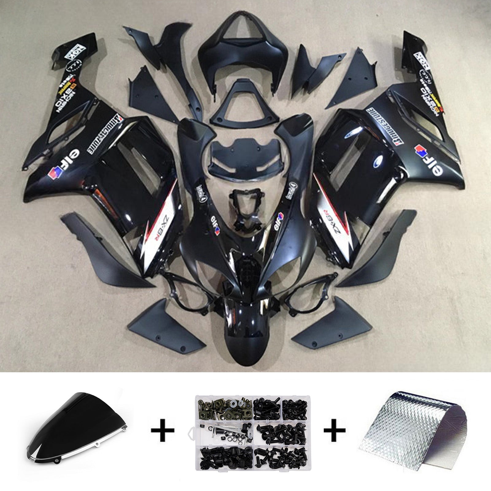 Amotopart 2007-2008 Kawasaki ZX6R 636 Black Fairing Kit