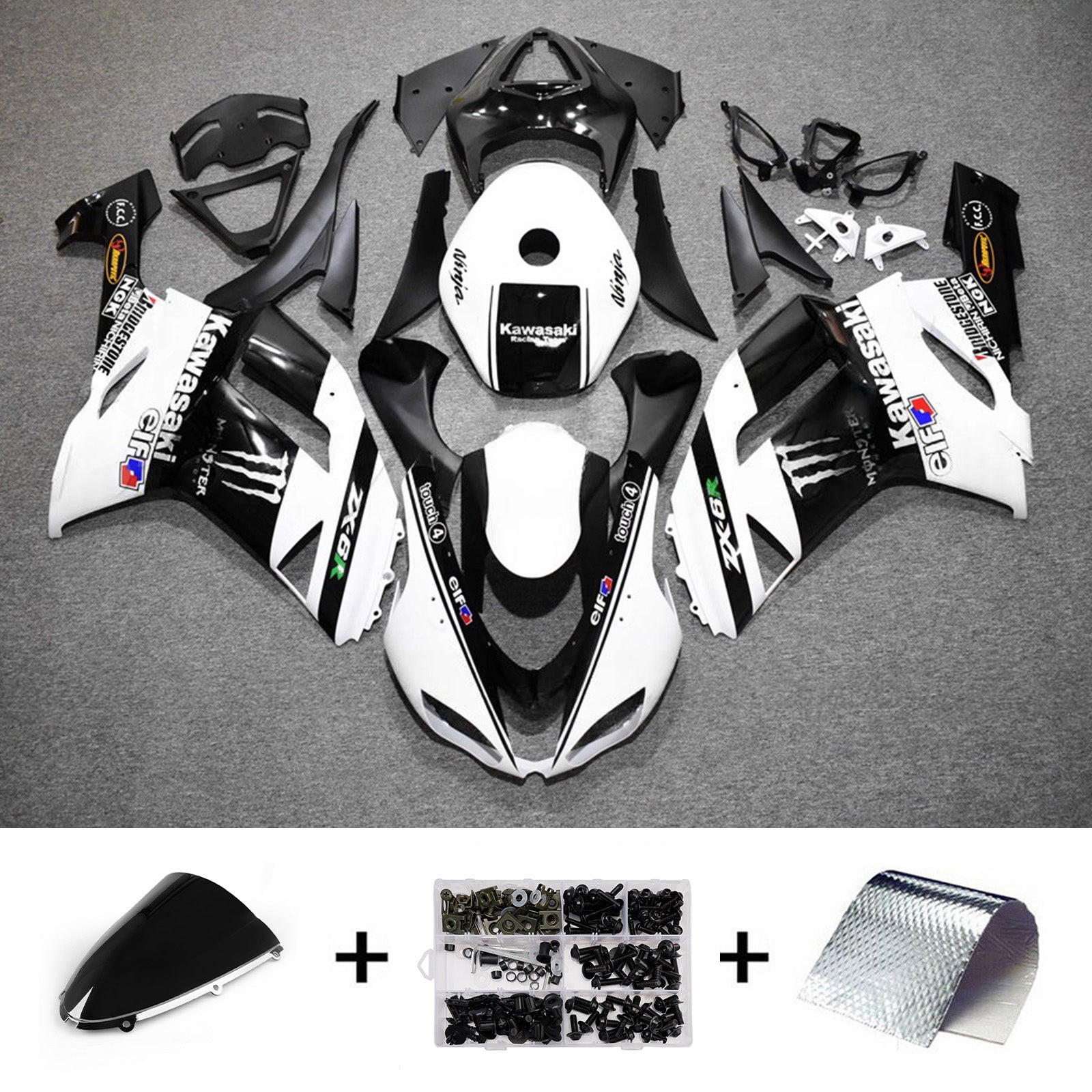 Amotopart 2007-2008 Kawasaki ZX6R 636 Black White Fairing Kit