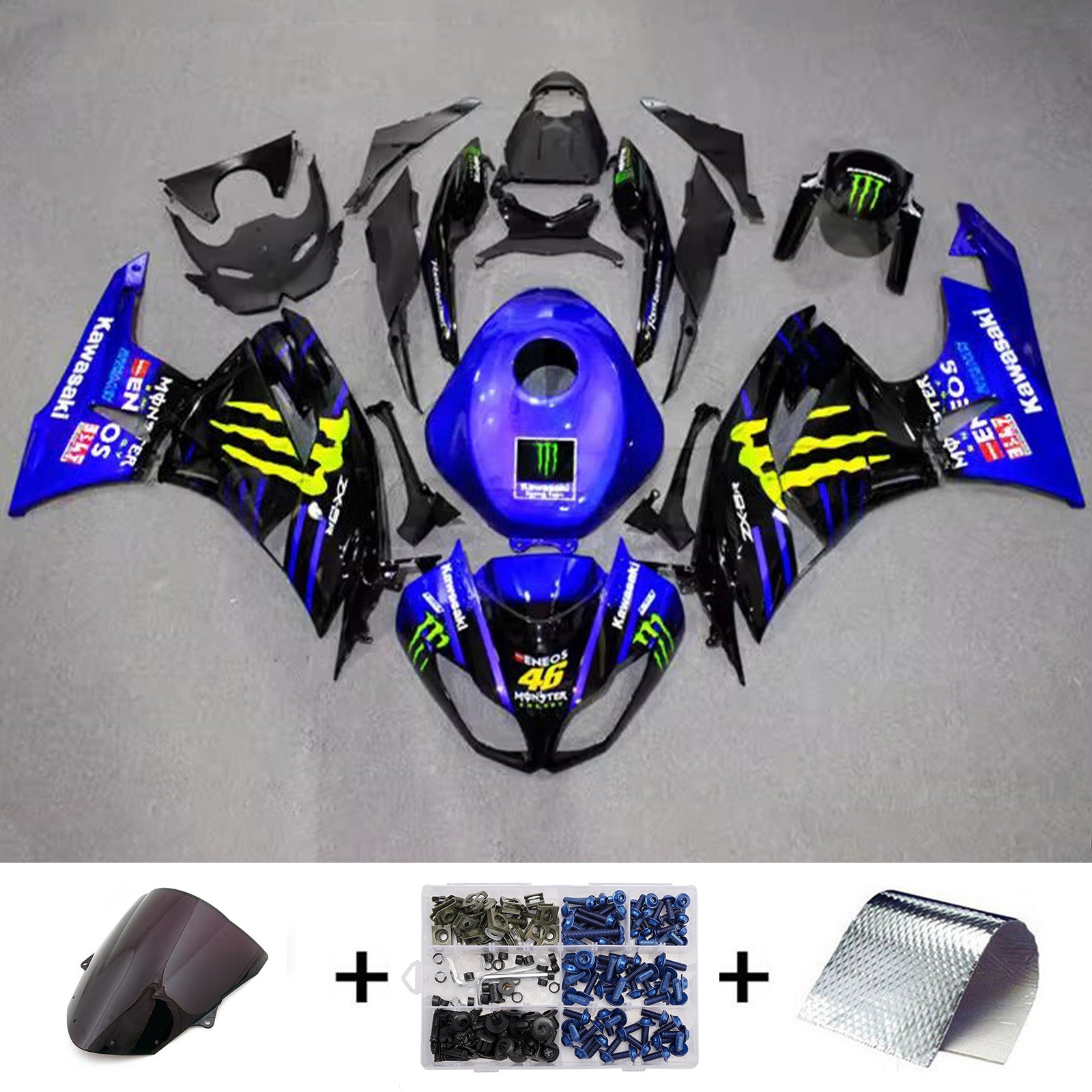 Amotopart 2009-2012 Kawasaki ZX6R 636 Black Blue Yellow Fairing Kit