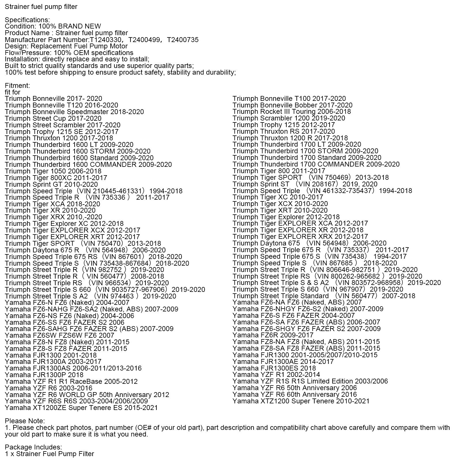 Strainer fuel pump filter for Triumph Bonneville Trophy #T1240330