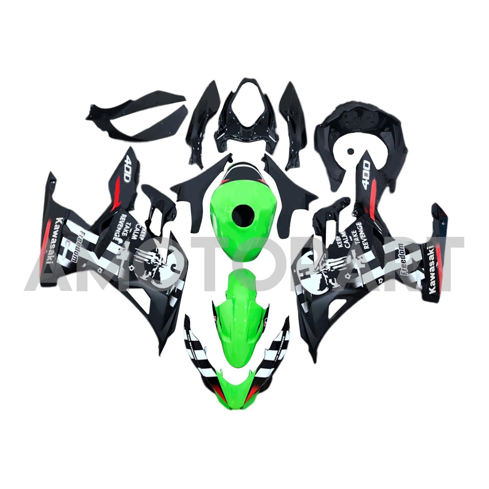 Amotopart 2018-2024 Kawasaki EX400 Ninja400 Green met Skull Fairing Kit