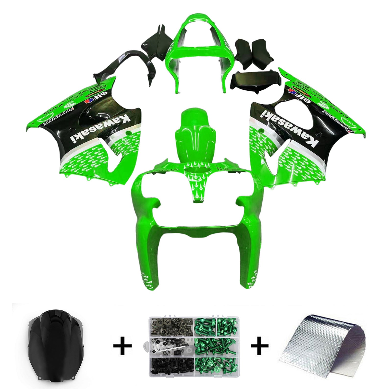 Amotopart 2000-2002 Kawasaki ZX6R 636 2005-2008 Kawasaki ZZR600 Green Black Fairing Kit