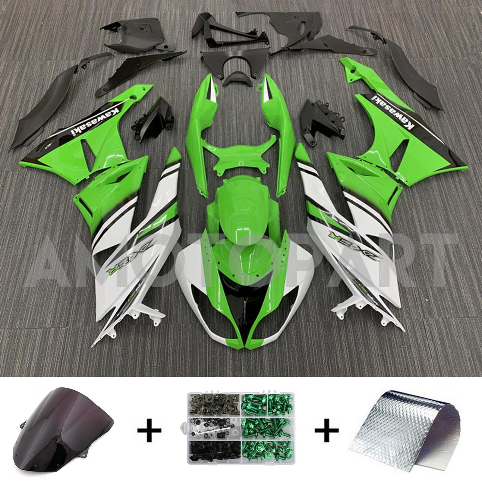 Amotopart Kawasaki 2009–2012 ZX6R 636 Grün&Weißes Style2-Verkleidungskit