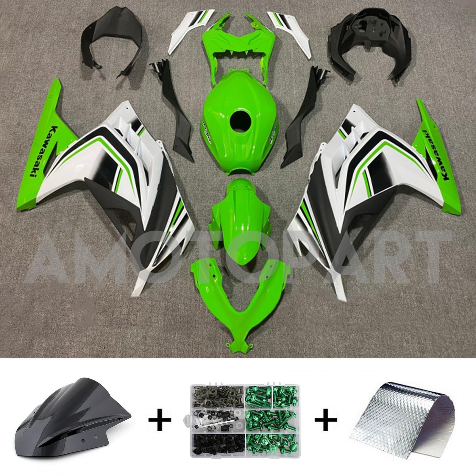 Amotopart 2013-2024 Kawasaki EX300/Ninja300 Schwarz&Grünes Style6-Verkleidungskit
