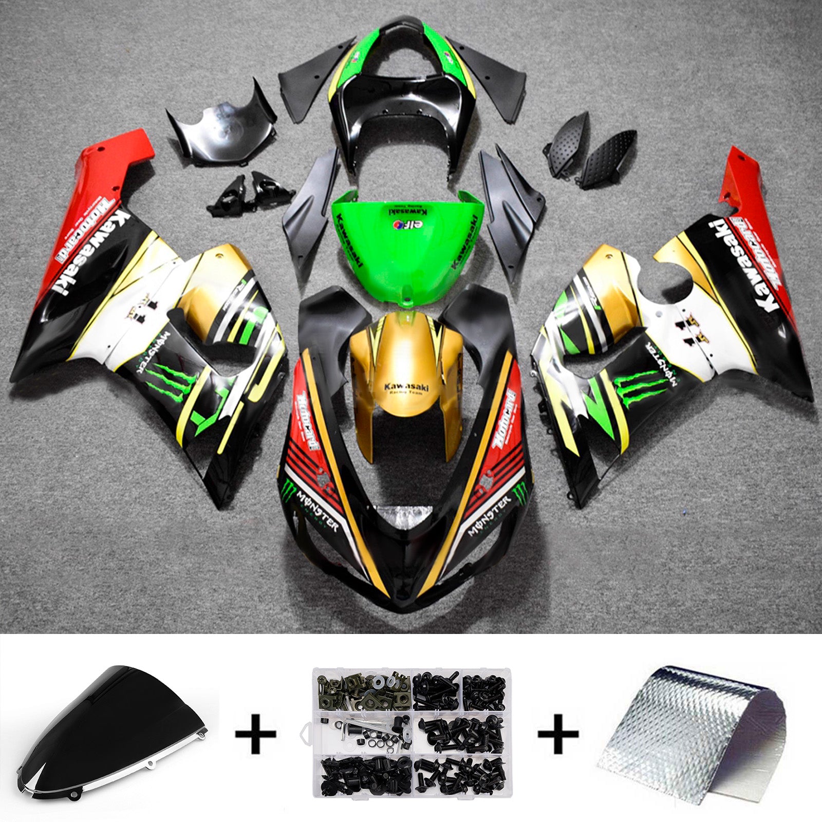 Amotopart 2005-2006 Kawasaki ZX6R 636 Black Red Green Fairing Kit