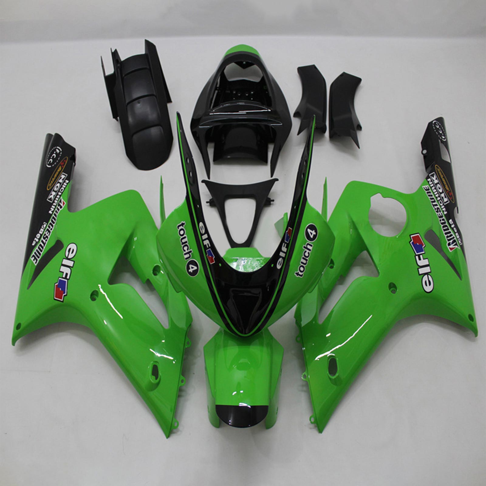 Amotopart 2003–2004 ZX6R 636 Kawasaki Grün&Schwarzes Style4-Verkleidungskit