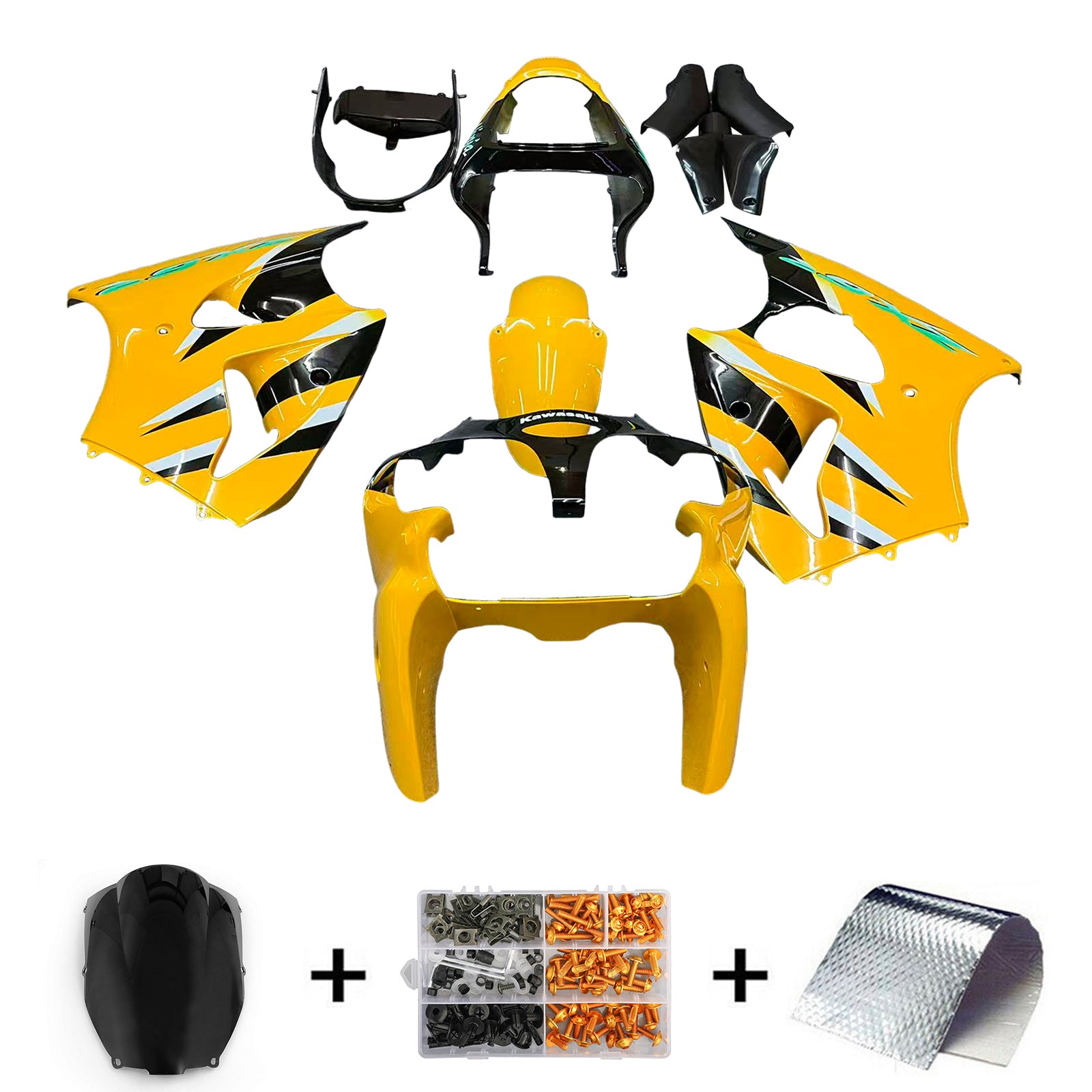 Amotopart 2000-2002 Kawasaki ZX6R 636 2005-2008 Kawasaki ZZR600 Yellow Black Fairing Kit