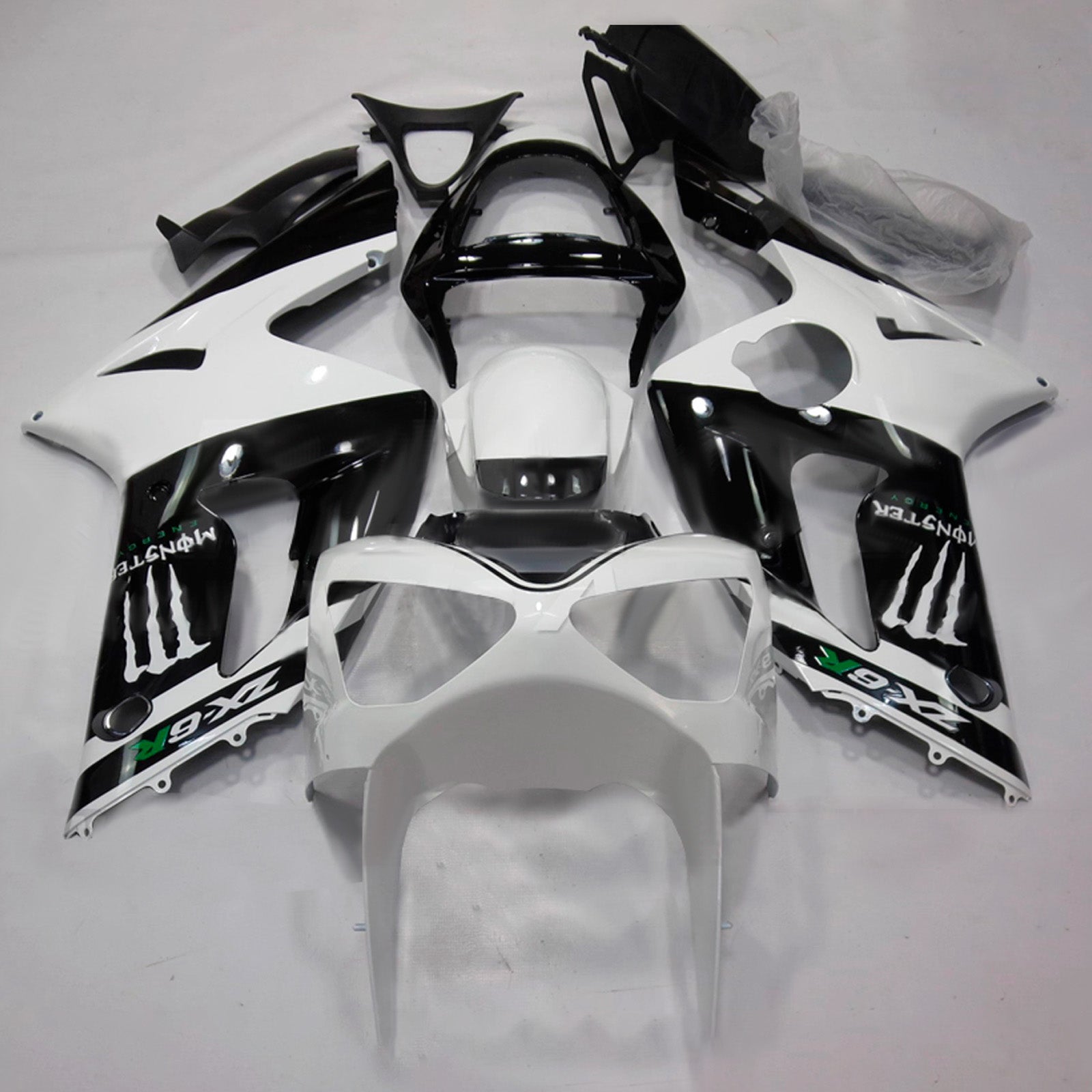 Amotopart 2003-2004 Kawasaki ZX6R 636 Black Green White Fairing Kit