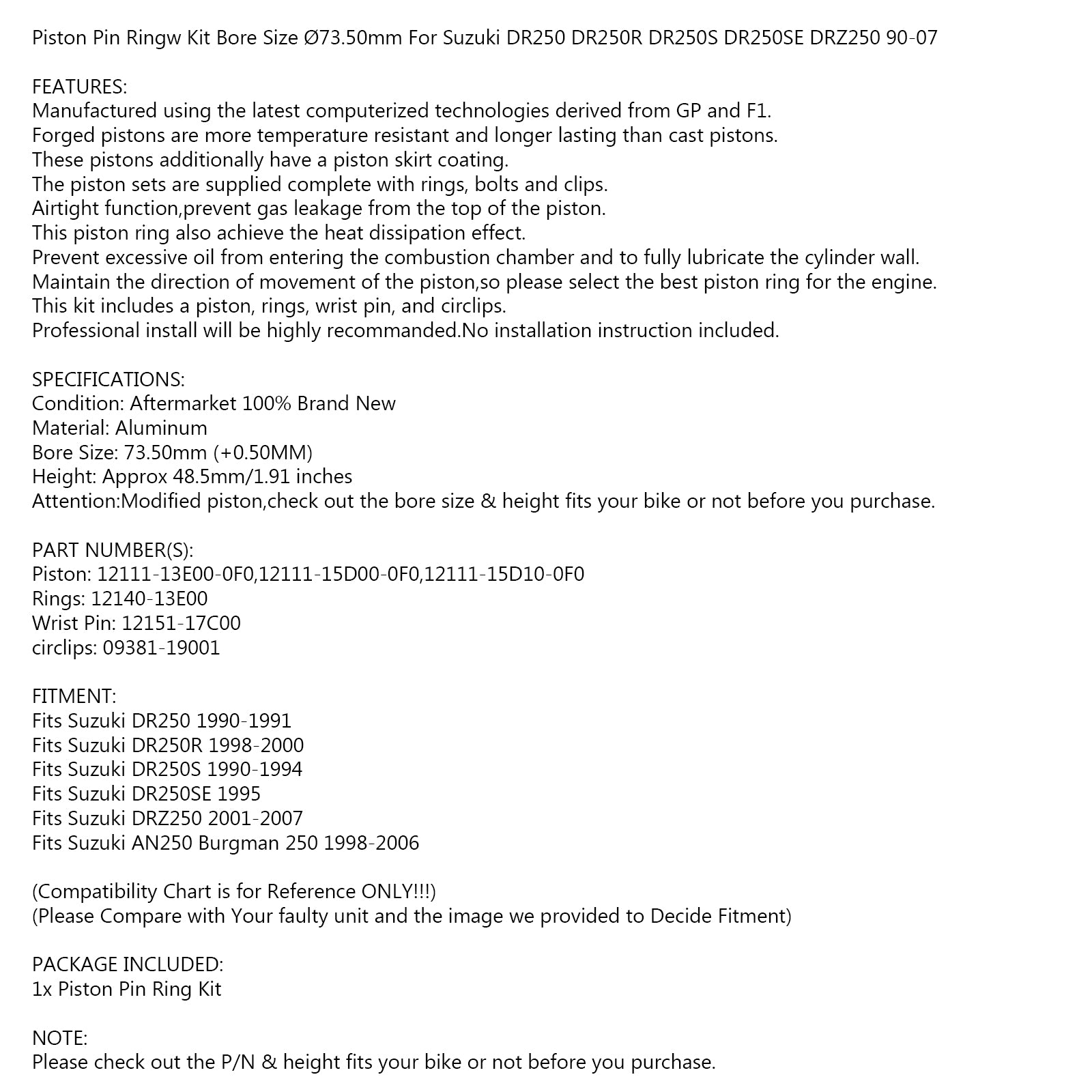 Piston Rings Pin Kit 73.50mm +0.50mm Bore for Suzuki DR250R/S DRZ250 1998-2007