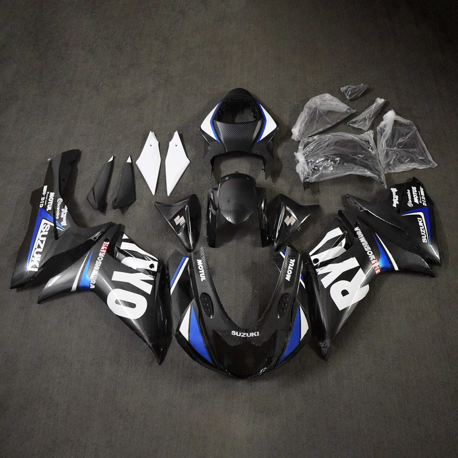Amotopart 2011-2026 Kit carena modello Suzuki GSXR 600/750 nero bianco blu in fibra di carbonio