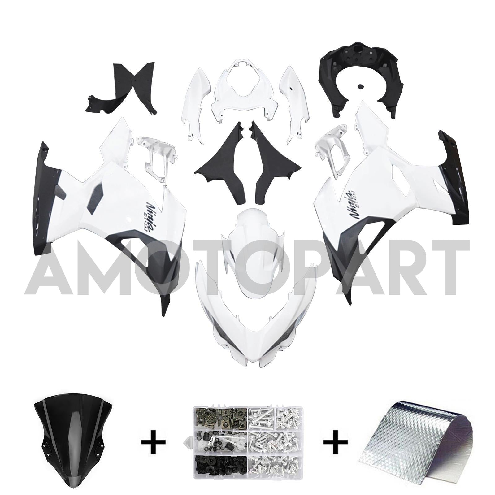 Amotopart 2018-2024 Kawasaki Ex400 Ninja 400 White & Black Fairing Kit
