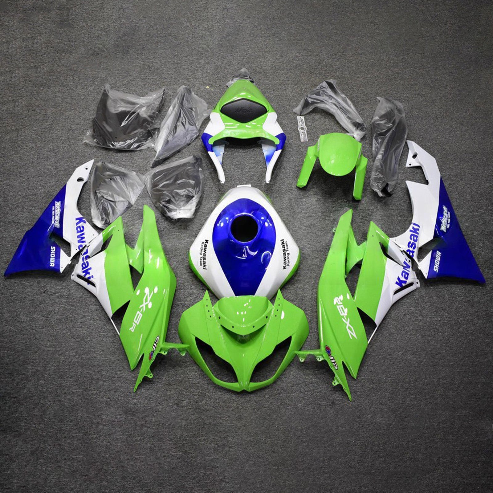 Amotopart 2009-2012 Kawasaki ZX6R 636 Green Blue White Fairing Kit