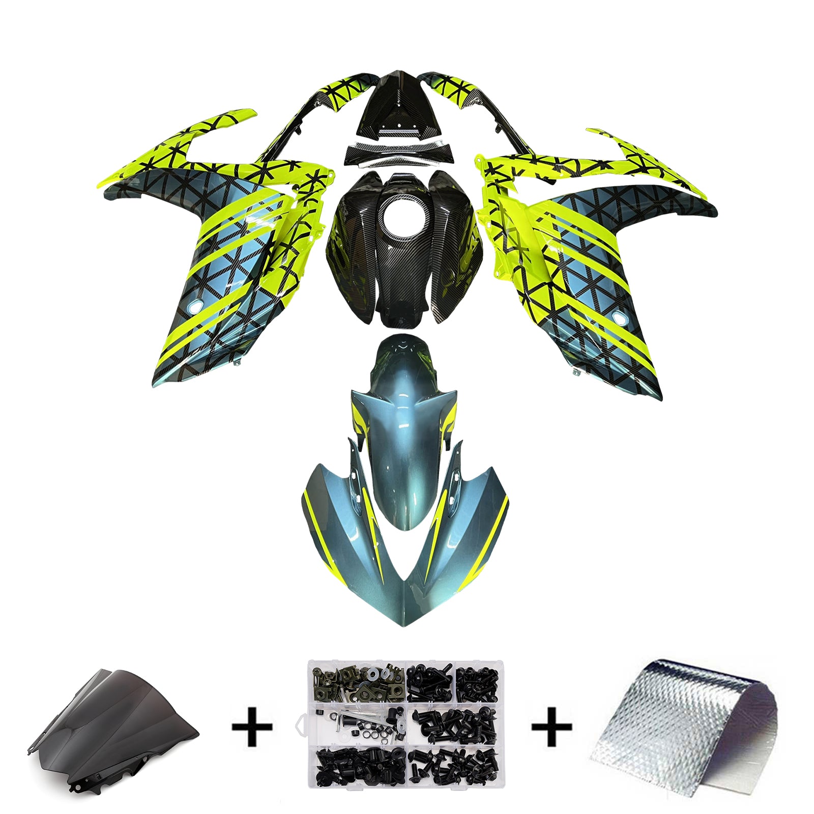 Amotopart Yamaha 2014-2018 YZF R3 2015-2017 YZF R25 Yellow & Black Carbon Fiber Pattern Fairing Kit