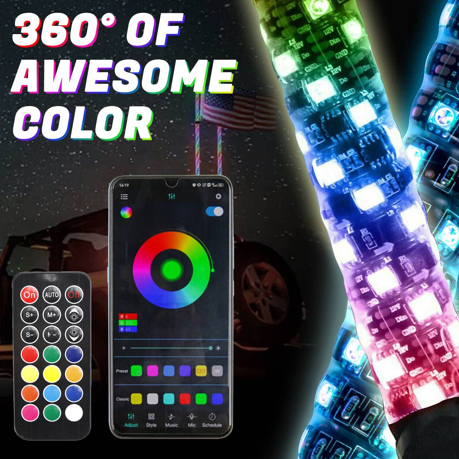 2x 2ft RGB LED -App Peitsche Leuchten Antenne mit Flaggen Fernbedienung für Polaris UTV ATV