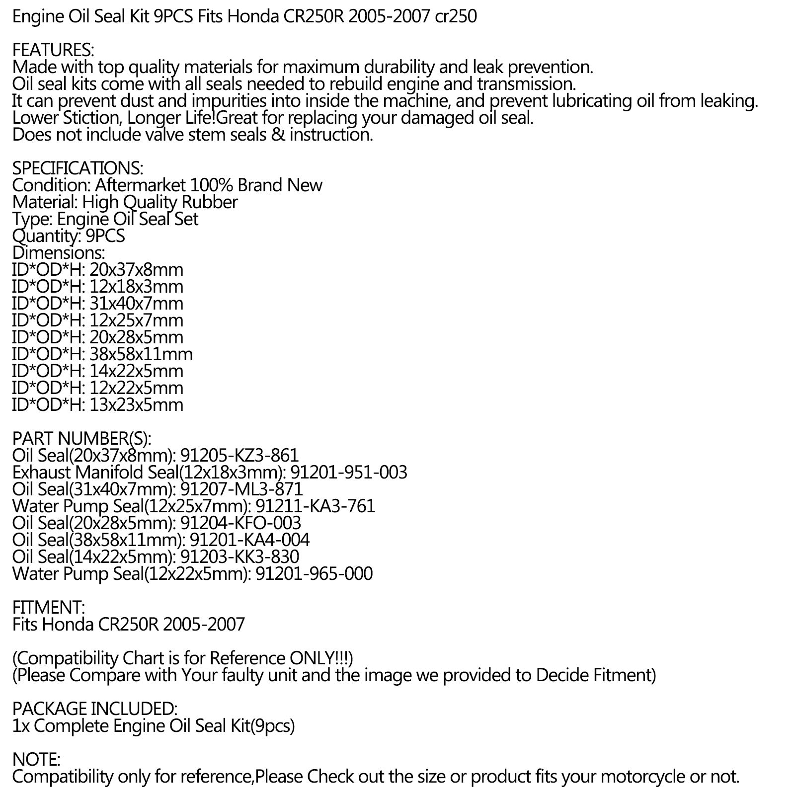 05-07 Honda CR250R Kit de carter de joint d'huile moteur complet - 9pcs
