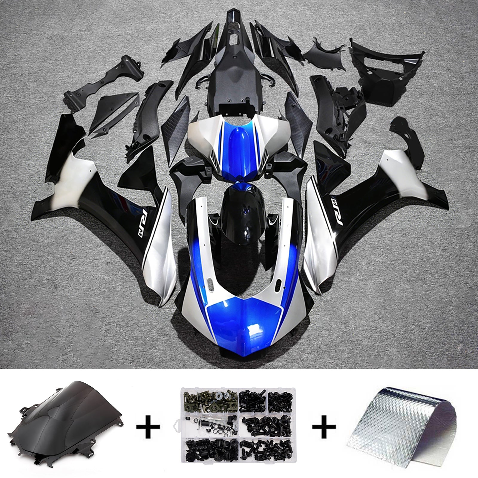 Amotopart 2015-2019 Yamaha YZF 1000 R1 Black/Silver/Blue Fairing Kit