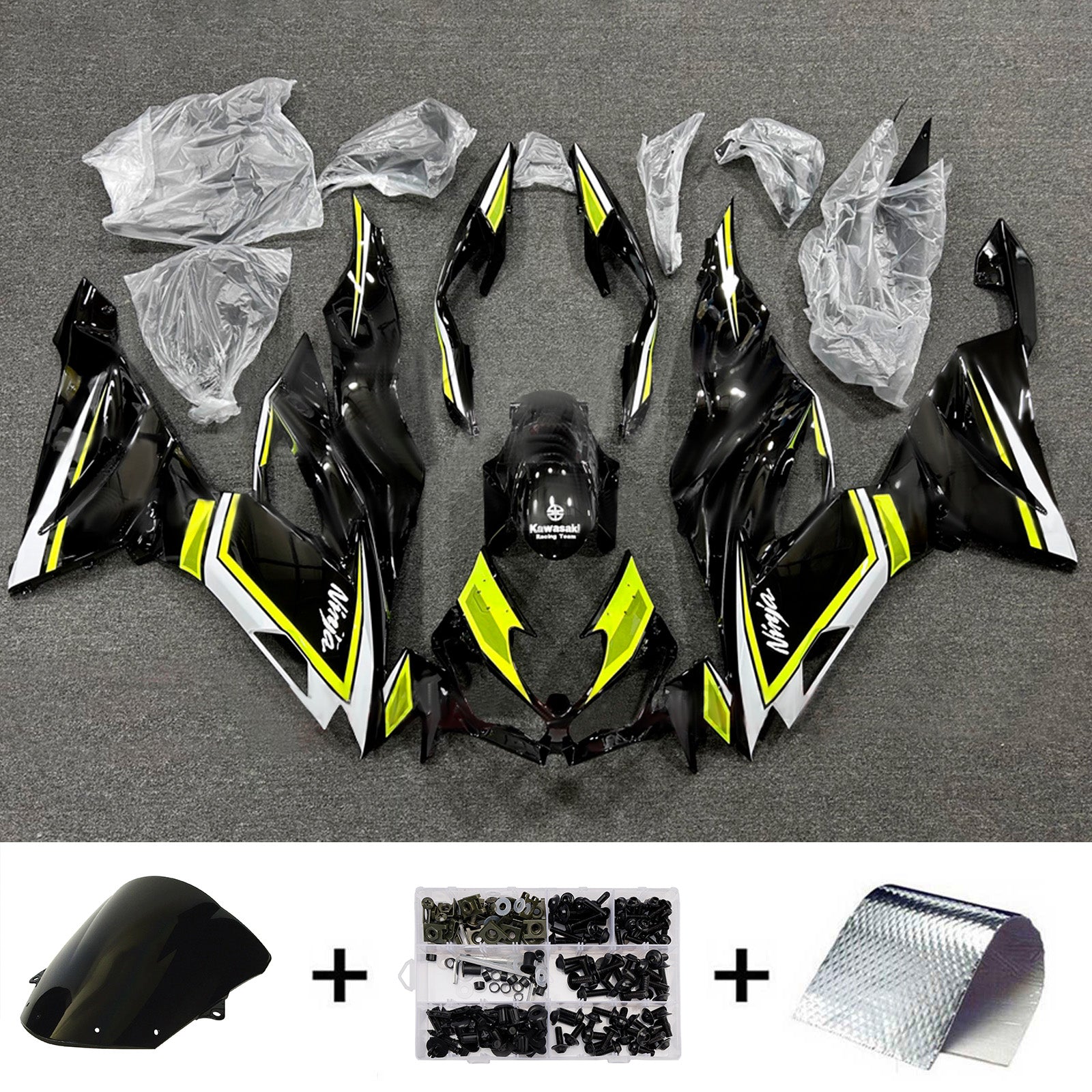 Amotopart 2019-2023 Kawasaki ZX6R Black Yellow White Fairing Kit