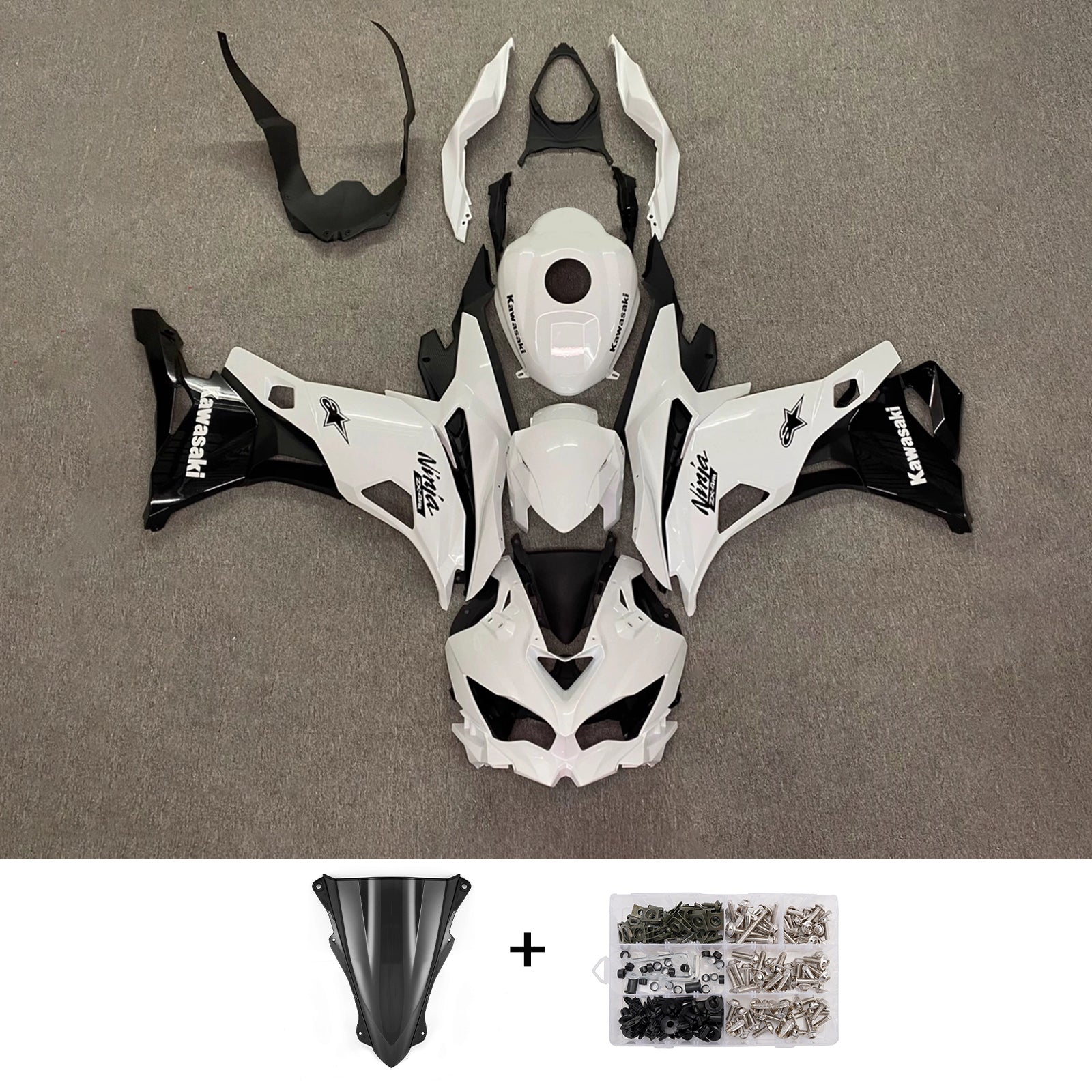 Amotopart 2019-2022 Kawasaki Ninja ZX-25R 2023-2025 Kawasaki Ninja ZX-4R/ZX-4RR White and Black Fairing Kit