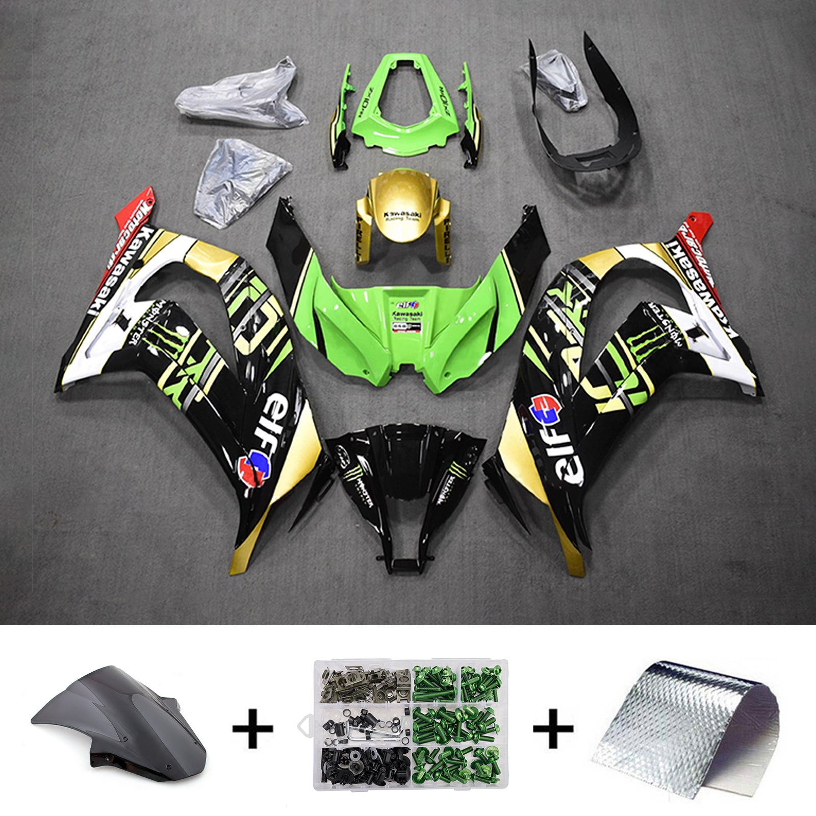 Amotopart 2011-2015 Kawasaki ZX10R Black Green Gold White Fairing Kit