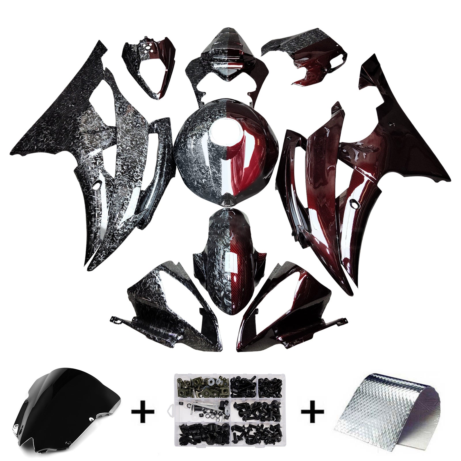 Amotopart 2008-2016 Yamaha YZF-R6 Red & Forged Carbon Fiber Pattern Fairing Kit