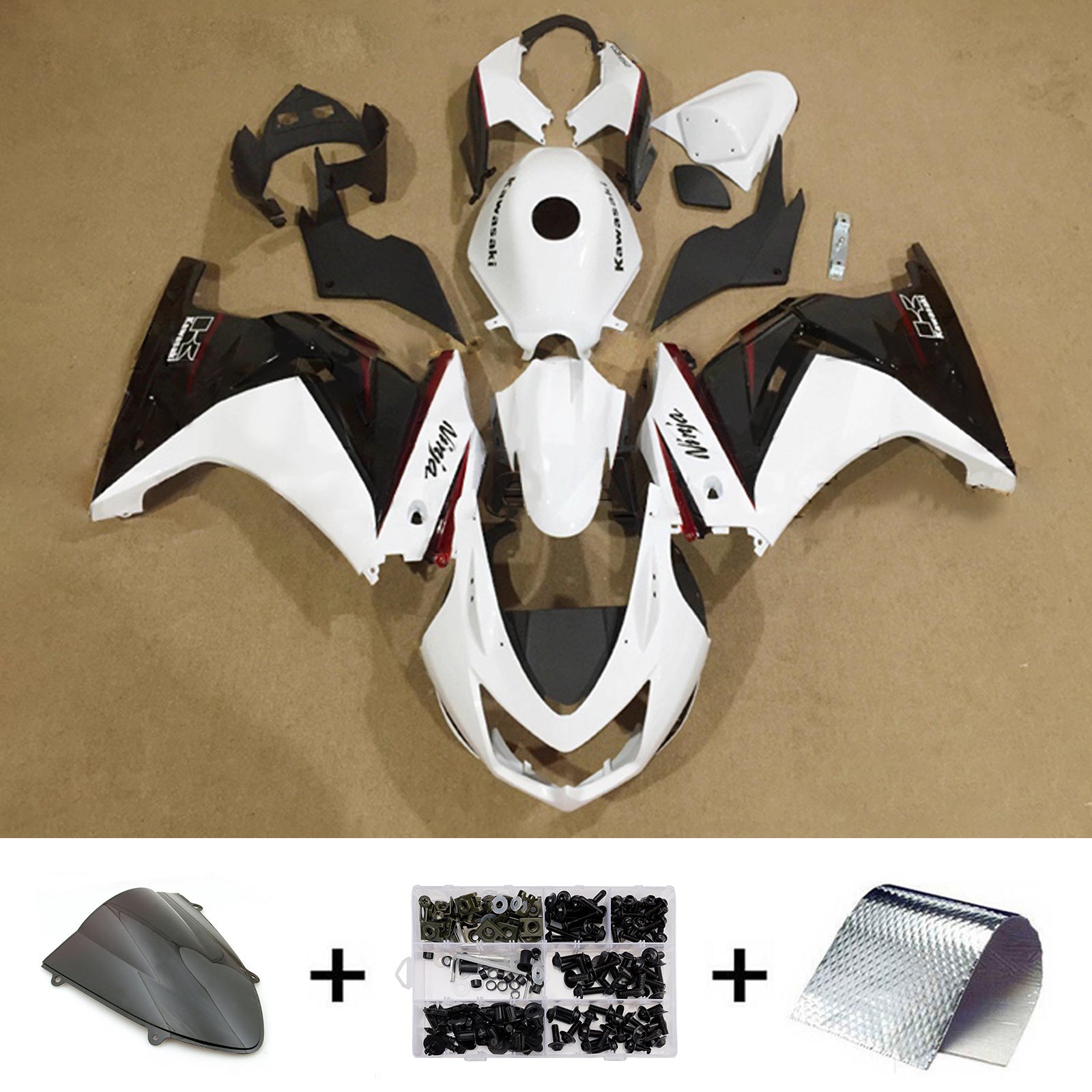 Amotopart 2008-2012 Kawasaki EX250/Ninja250R White & Black Fairing Kit
