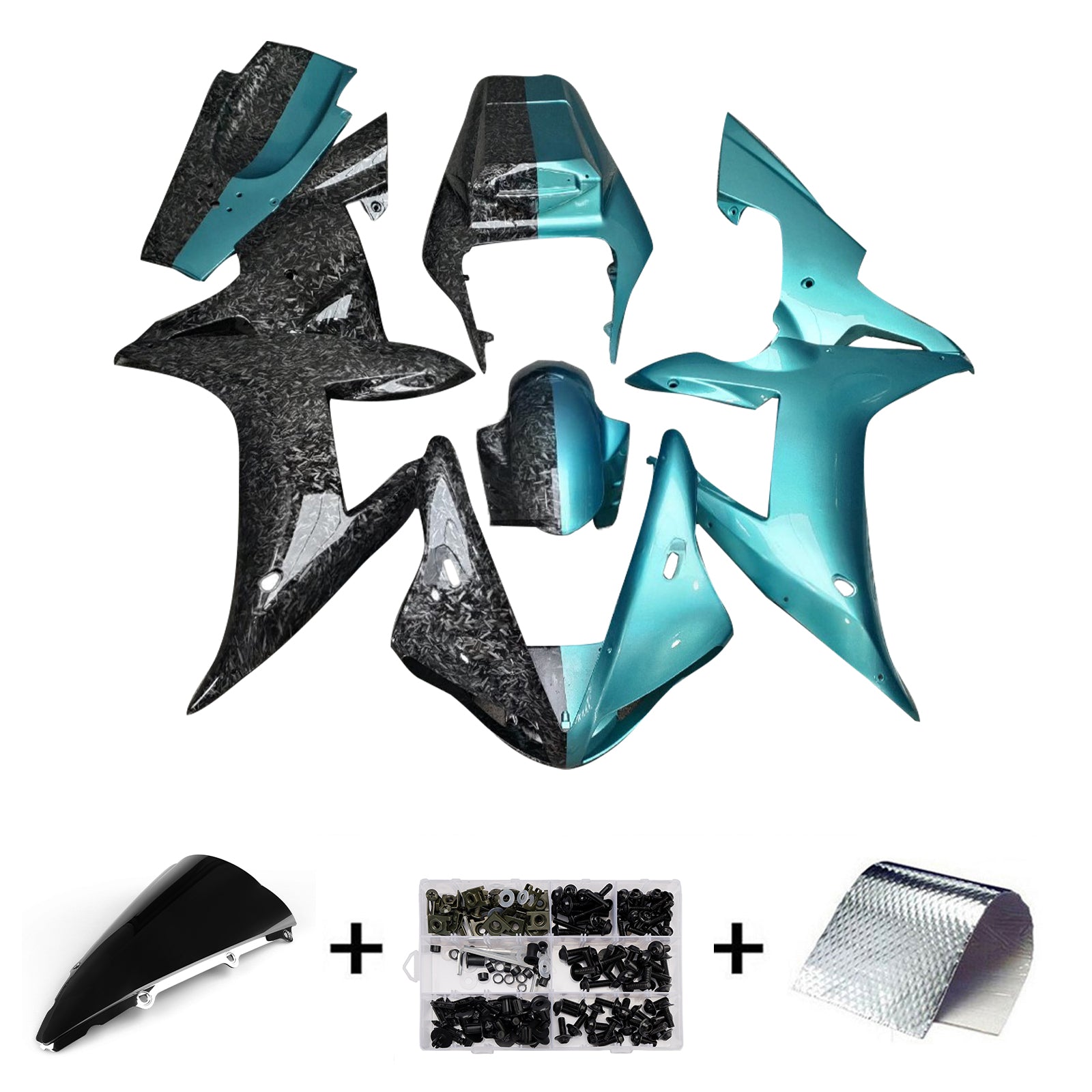 Amotopart 2002-2003 Yamaha YZF-R1 Forged Carbon Fiber Cyan Blue Fairing Kit