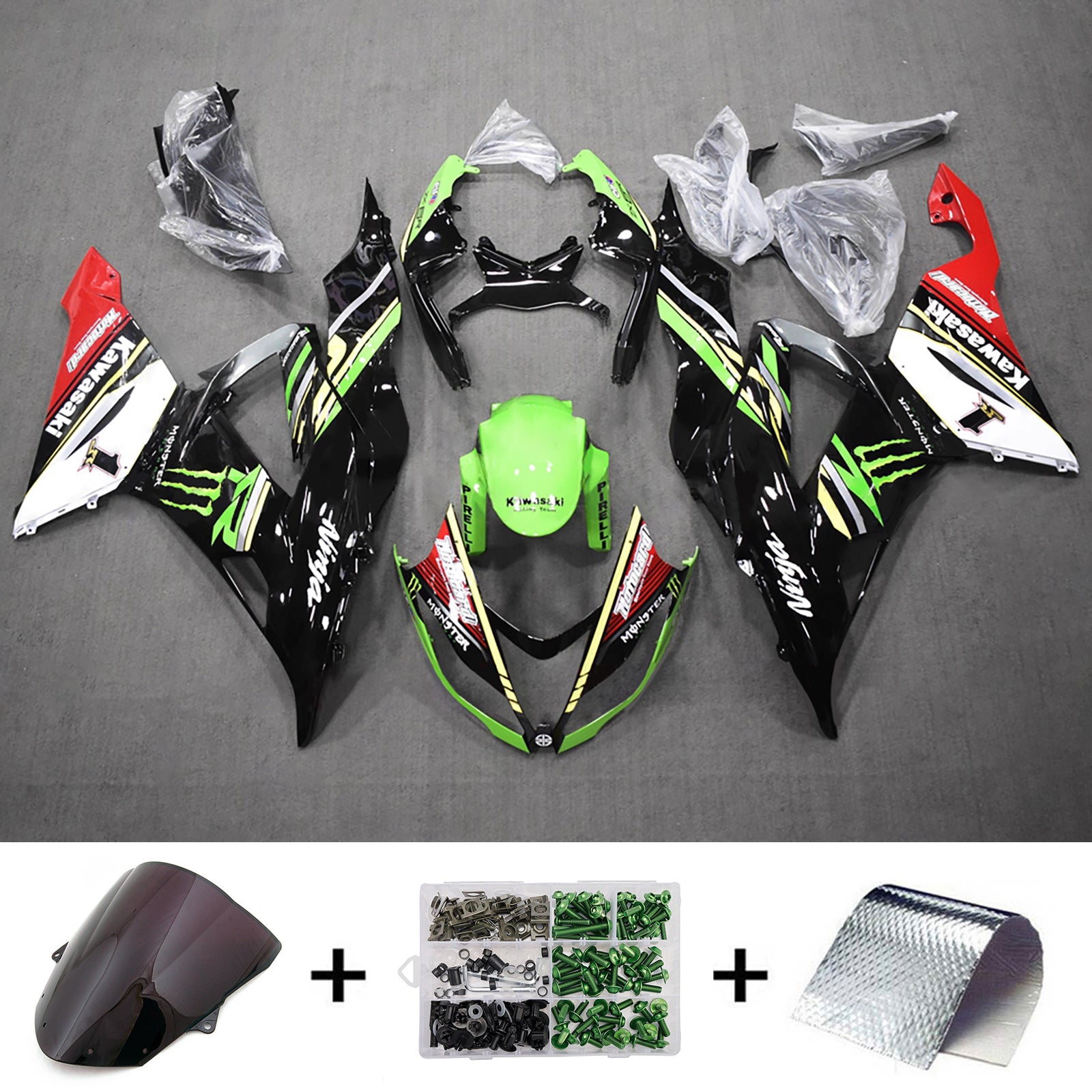 Amotopart 2013-2018 Kawasaki ZX6R 636 Black & Green White Red Fairing Kit