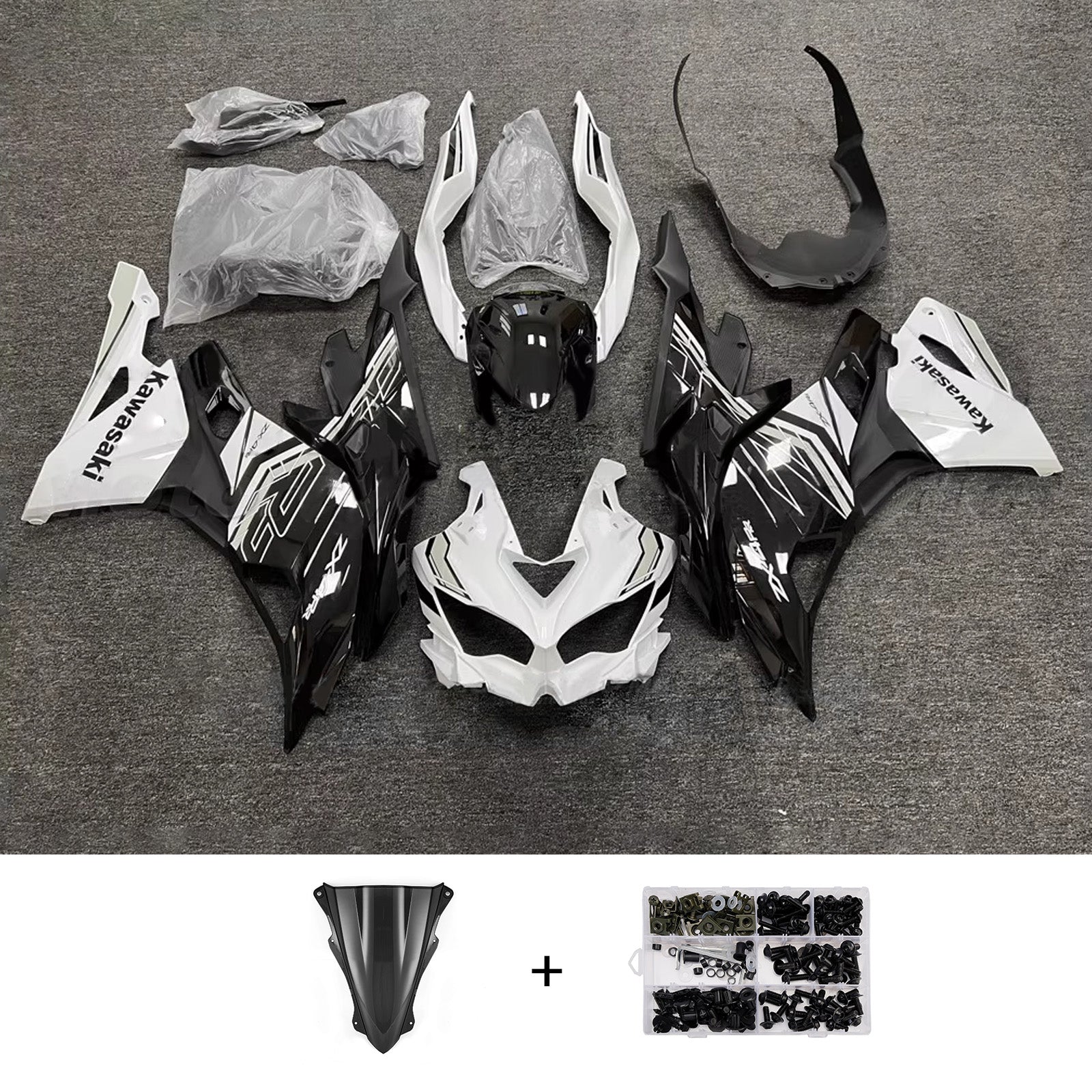 Amotopart 2019-2022 Kawasaki Ninja ZX-25R 2023-2025 Kawasaki Ninja ZX-4R/ZX-4RR Black & White Fairing Kit