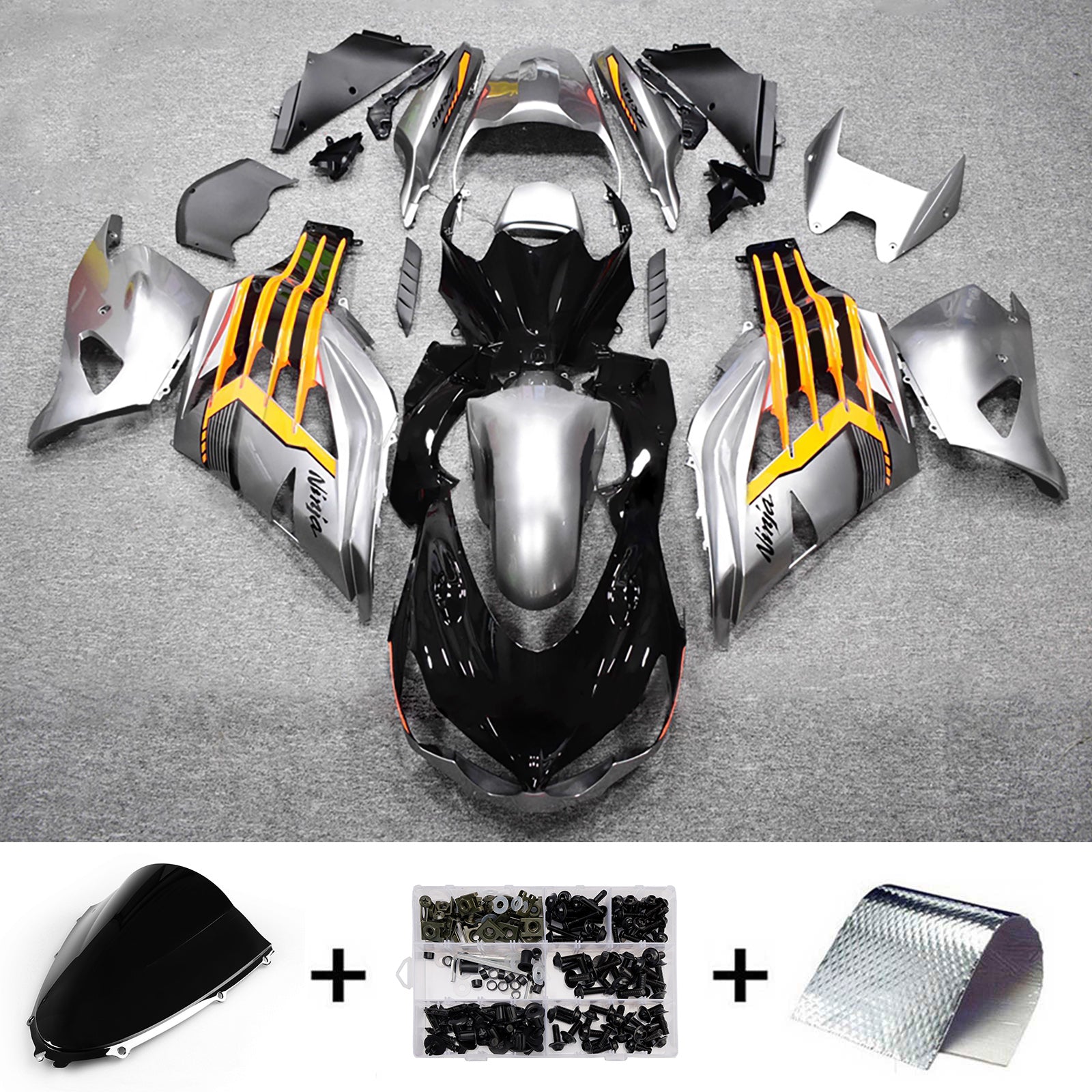 Amotopart 2012-2025 Kawasaki ZX14R ZZR1400 Silver Black Yellow Fairing Kit