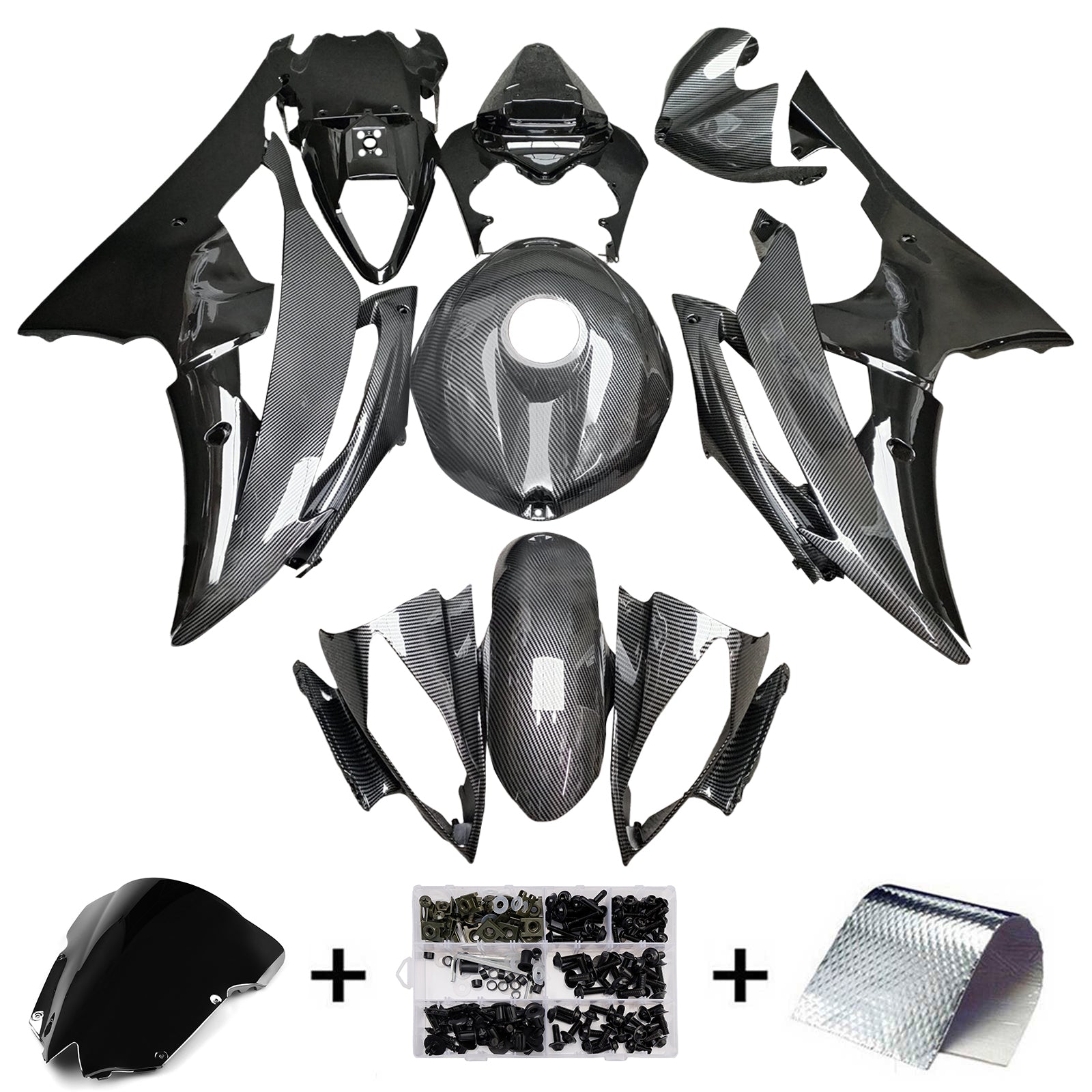 Amotopart 2008-2016 Yamaha YZF-R6 Carbon Fiber Pattern & Black Fairing Kit