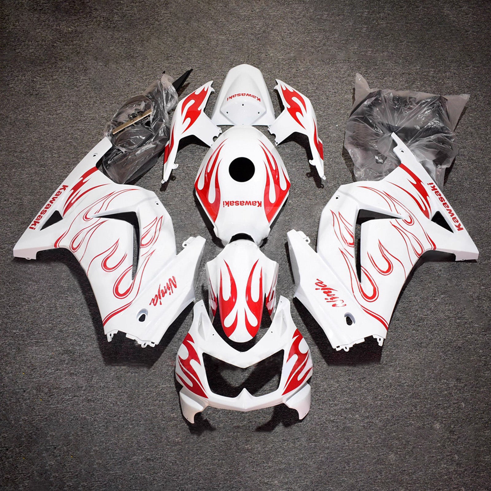 Amotopart 2008-2012 Kawasaki EX250/Ninja250R White with Red Flame Fairing Kit